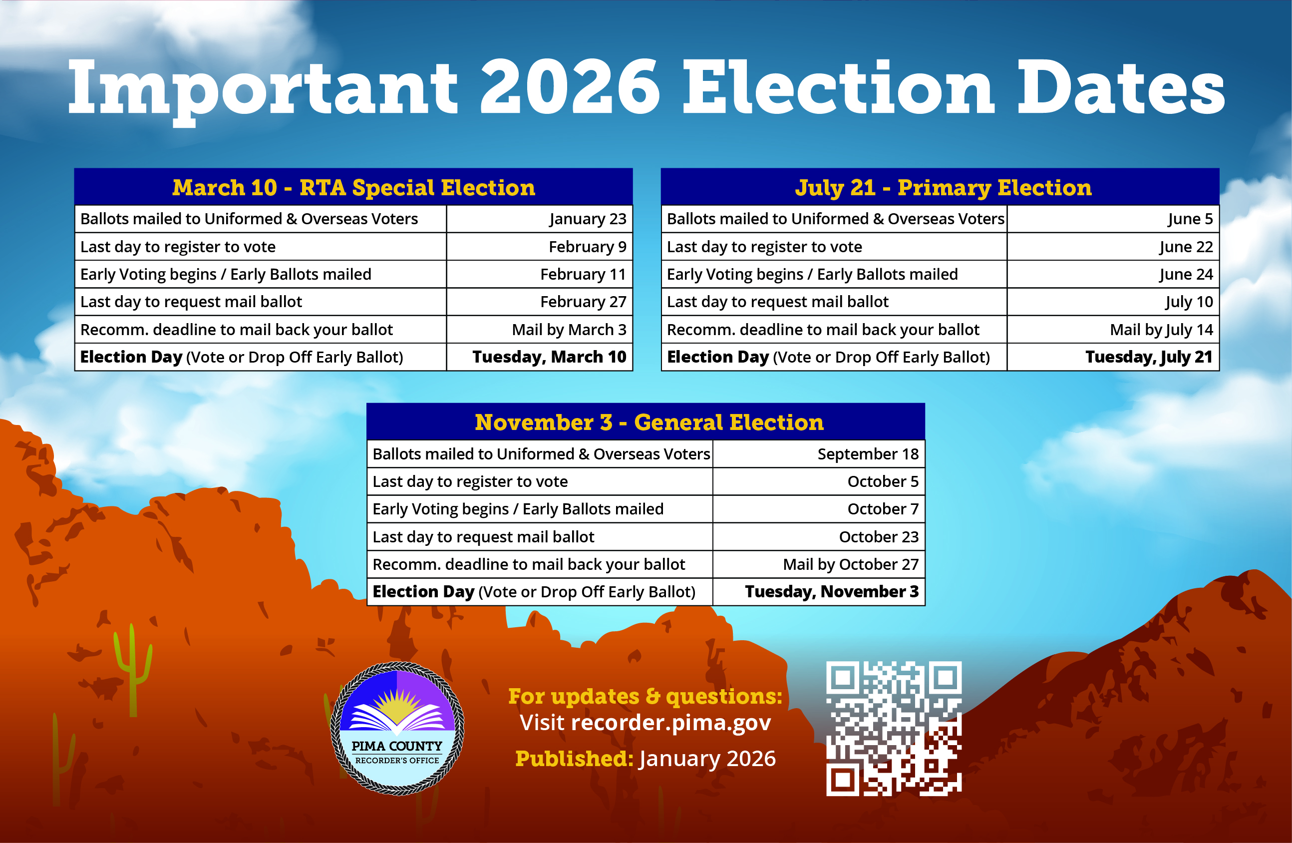Important 2026 Election Dates.  March 10 - RTA Special Election. July 21 - Primary Election.  November 3 -  General Election